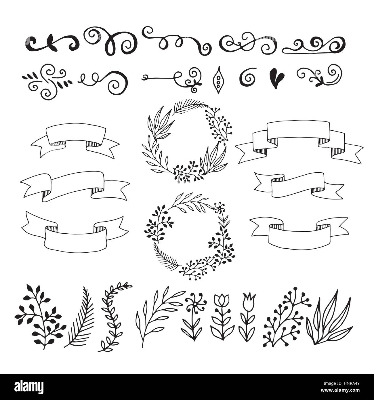 Set hand-drawn floral elements. Ribbons for inscriptions. Stock Vector