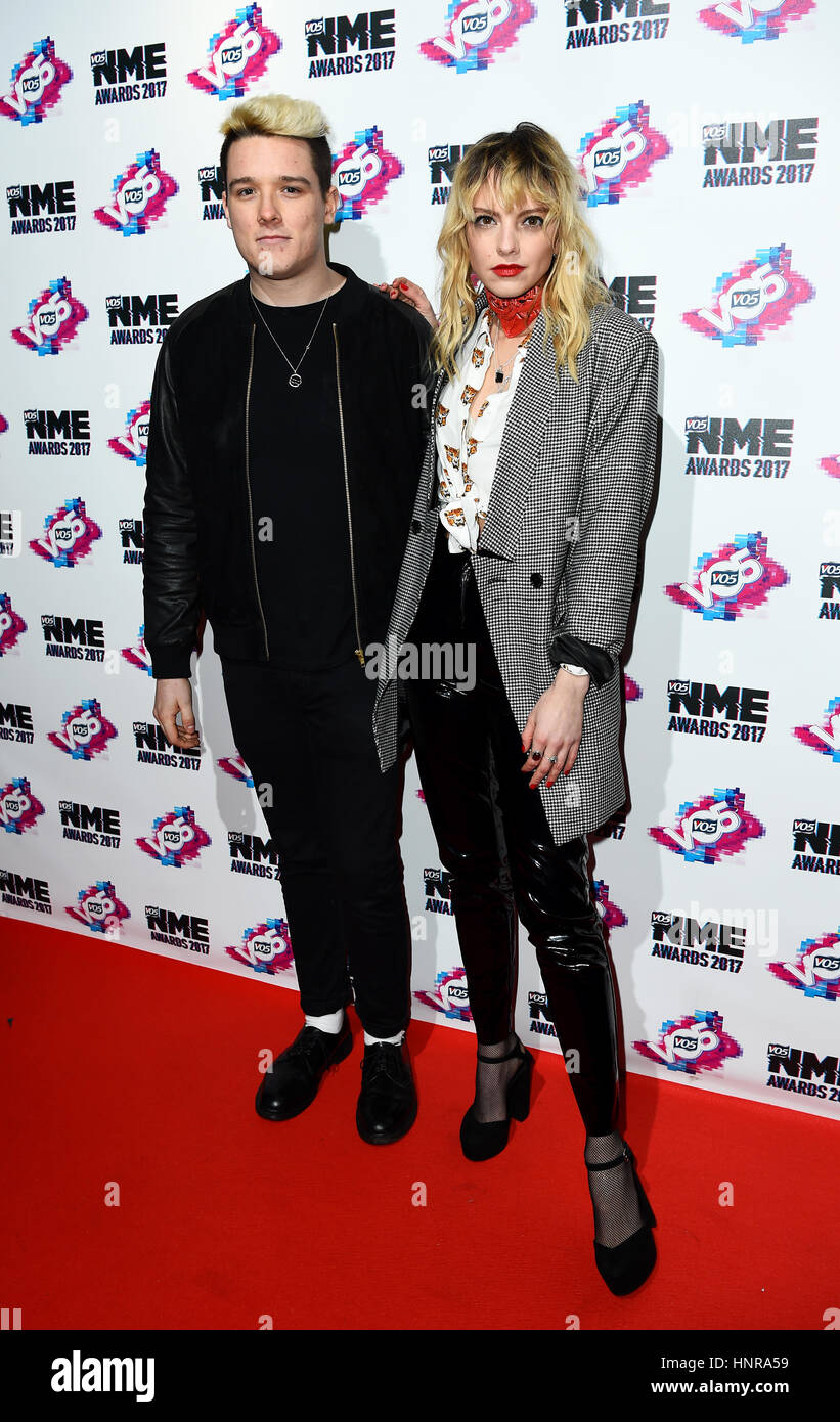 Harry Balazs and Laura Hayden from Anteros arriving for the VO5 NME Awards 2017 held at the O2 Brixton Academy, London. Stock Photo
