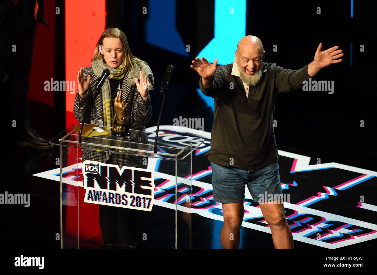 Michael Eavis and Elily Eavis collect Glastonbury's award for Best Festival during the VO5 NME Awards 2017 held at the O2 Brixton Academy, London. Stock Photo