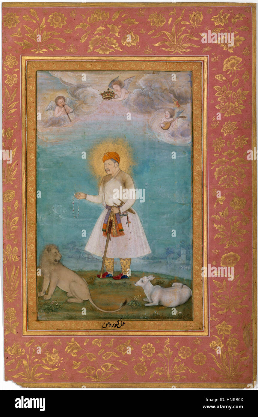 Akbar with Lion and Calf painting by Govardhan and the calligraphy by Mir Ali Haravi Stock Photo