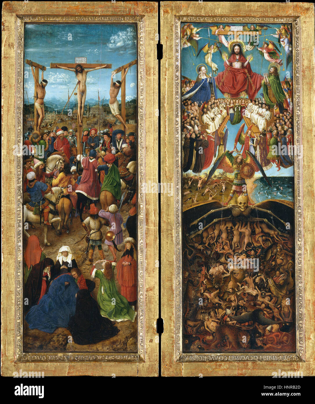 The Crucifixion, The Last Judgement painting by Jan van Eyck Stock Photo