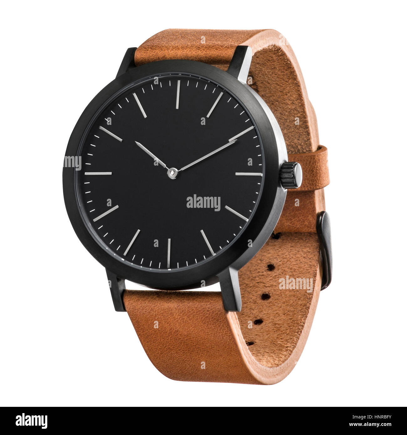 Wrist watch angle product style with white background, shinny metallic finish. Stock Photo