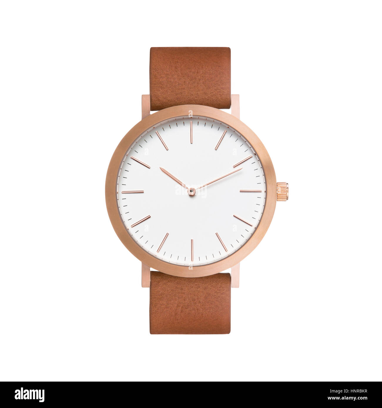 Wrist watch angle product style with white background, shinny metallic finish. Stock Photo