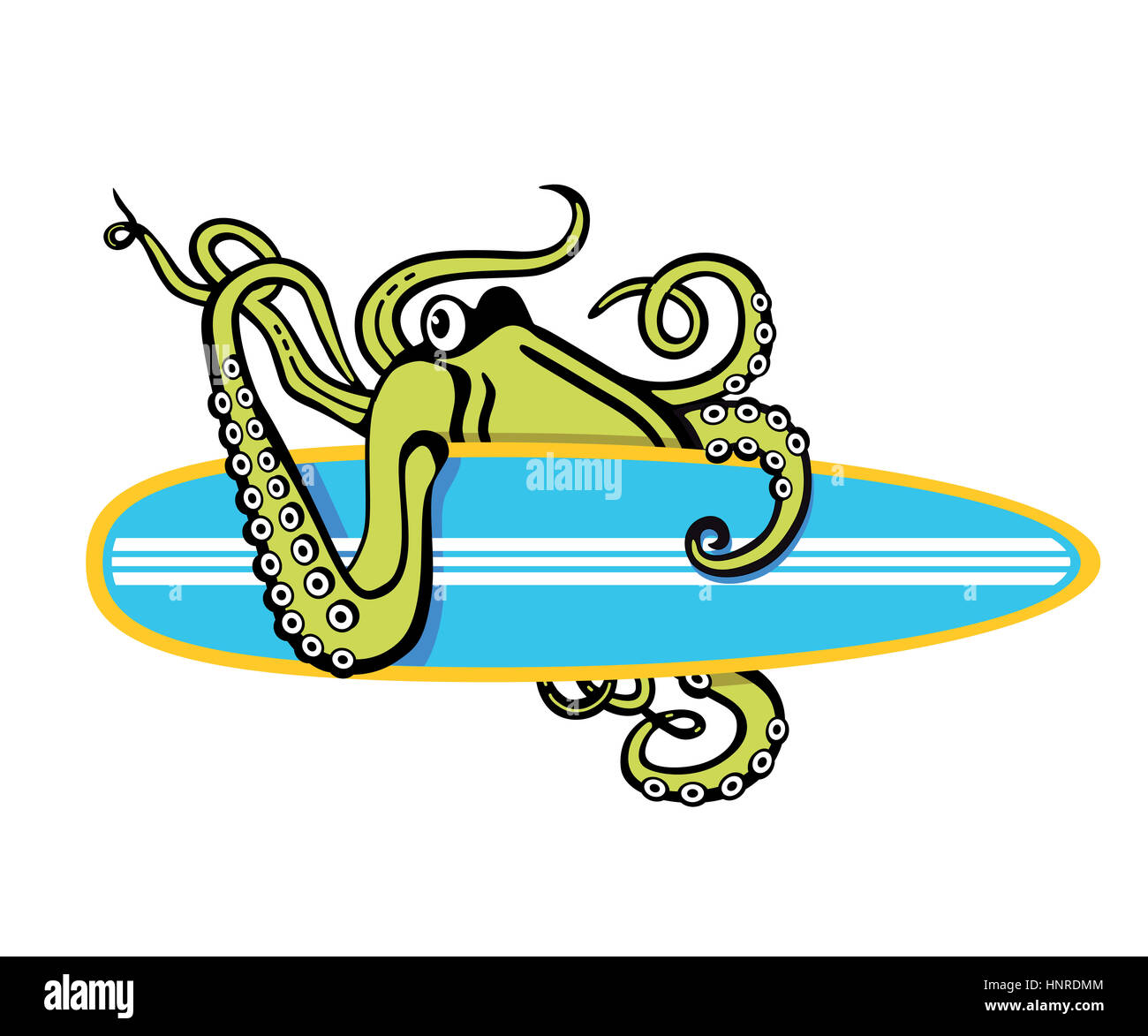 Octopus with surfboard illustration on white Stock Photo
