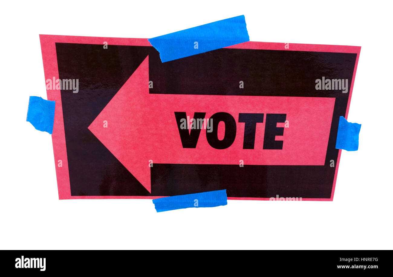 Isolated, handmade VOTE sign with arrow. Horizontal. Stock Photo