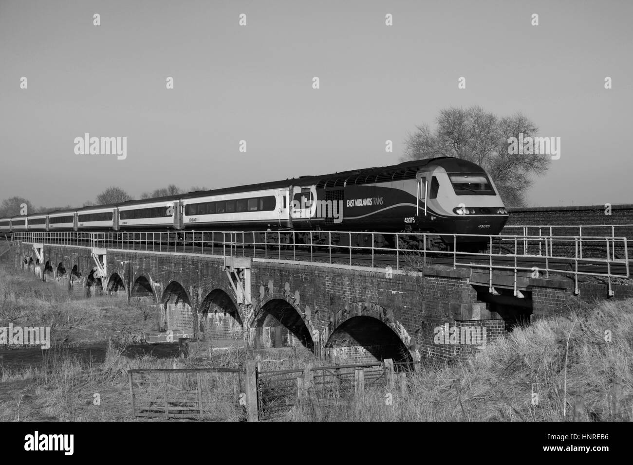 43075 East Midlands Trains, River Great Ouse, Radwell village, Bedfordshire, England Stock Photo