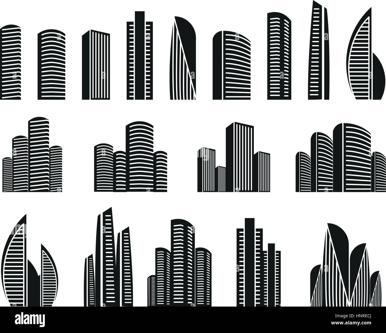 Isolated black and white color skyscrapers in lineart style icons collection, elements of urban architectural buildings vector illustrations set. Stock Vector