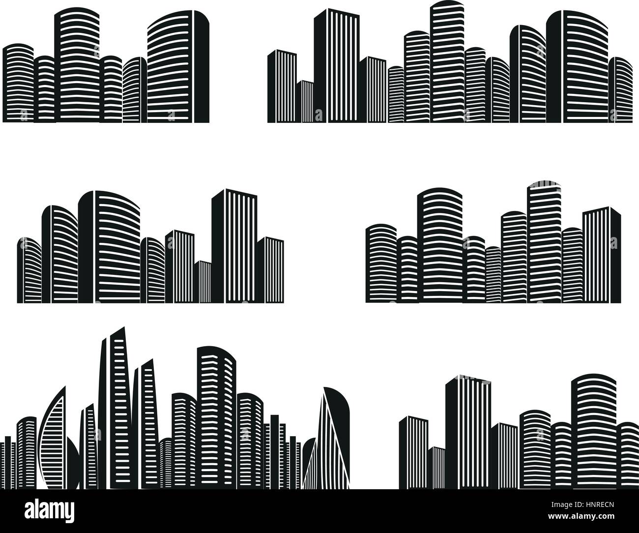 Isolated black and white color skyscrapers in lineart style icons collection, elements of urban architectural buildings vector illustrations set. Stock Vector