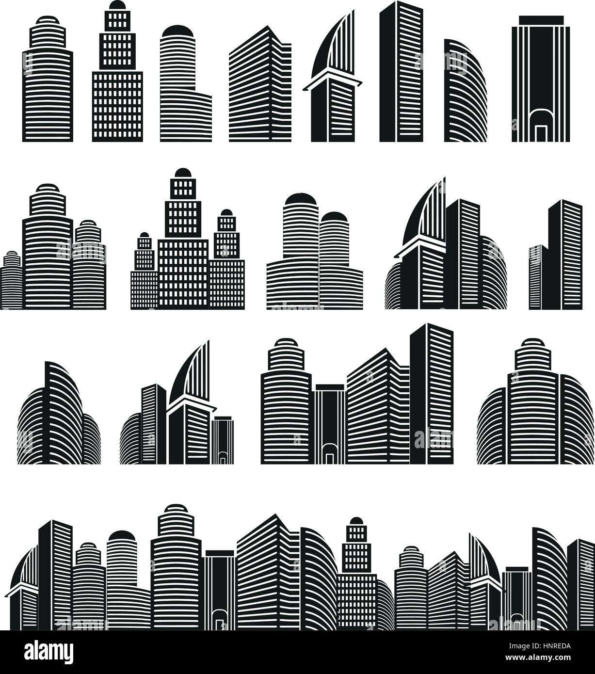 Isolated black and white color skyscrapers in lineart style icons collection, cityscape of architectural buildings vector illustrations set. Stock Vector