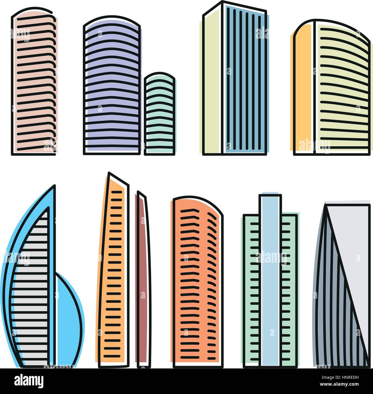 Isolated colorful skyscrapers in lineart style icons collection, elements of urban architectural buildings vector illustrations set. Stock Vector