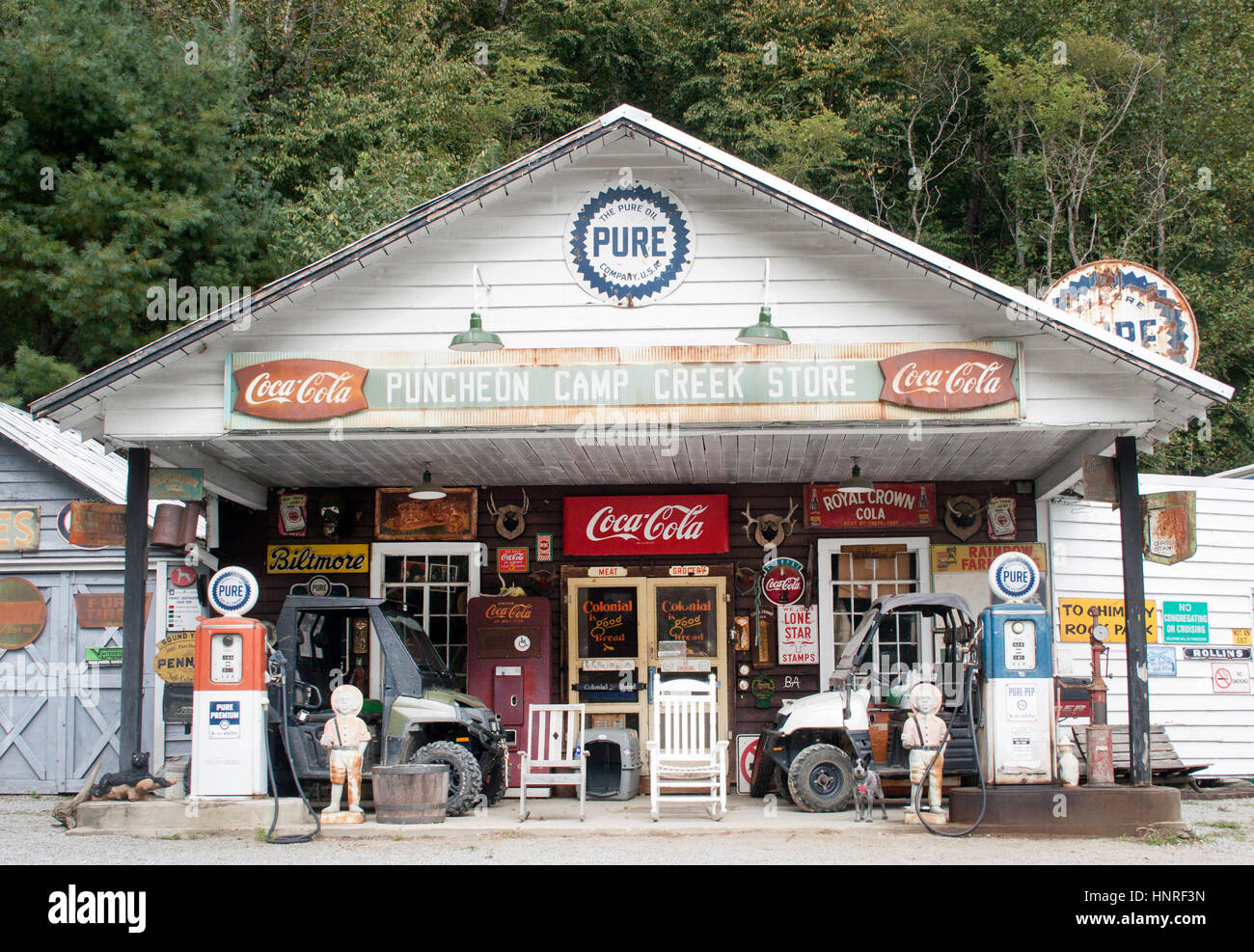 Retro gas station at Puncheon Camp Creek Cattle Ranch in Edneyville North Carolina Stock Photo