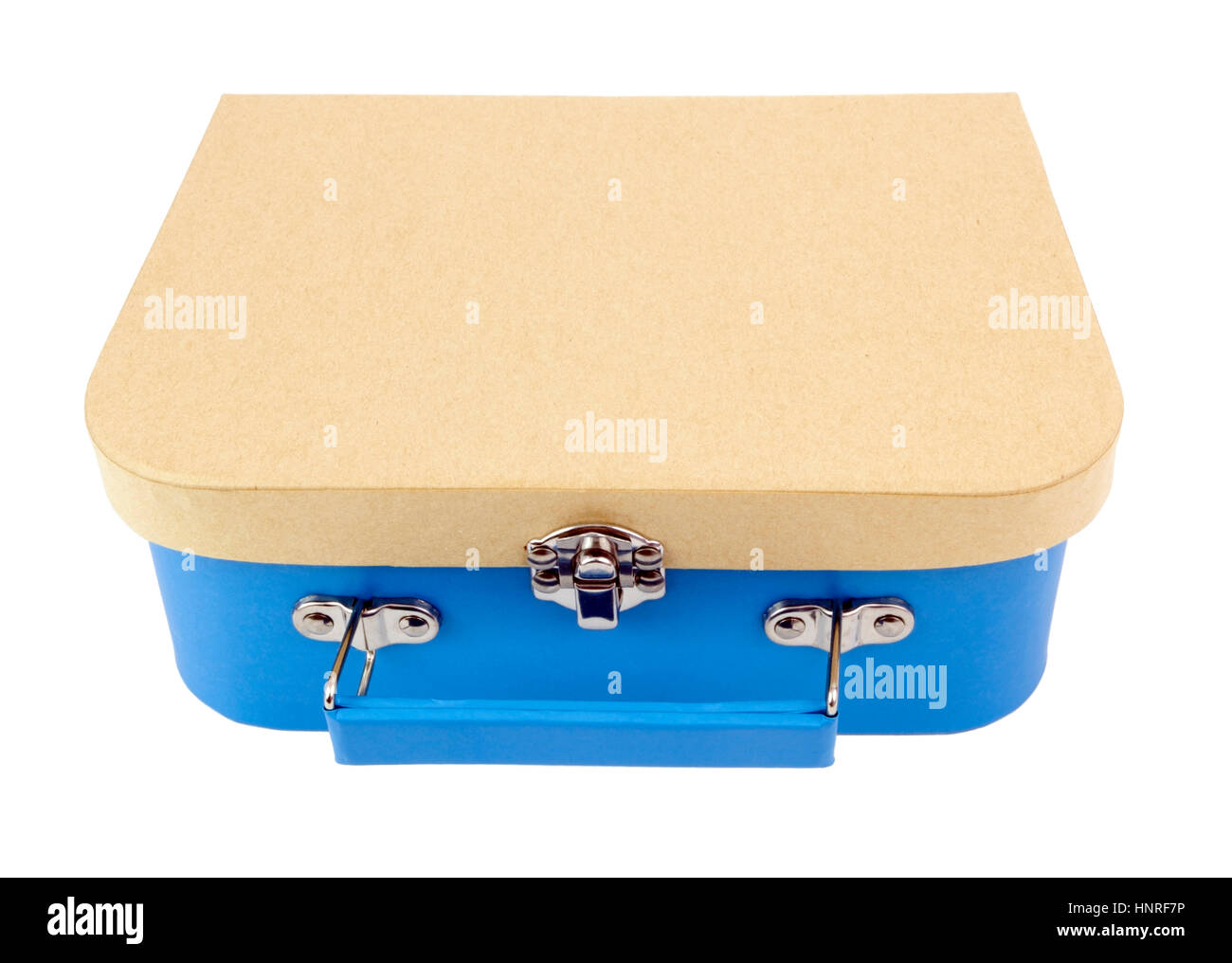 Top and front view of simple tan and blue cardboard case. Isolated. Stock Photo