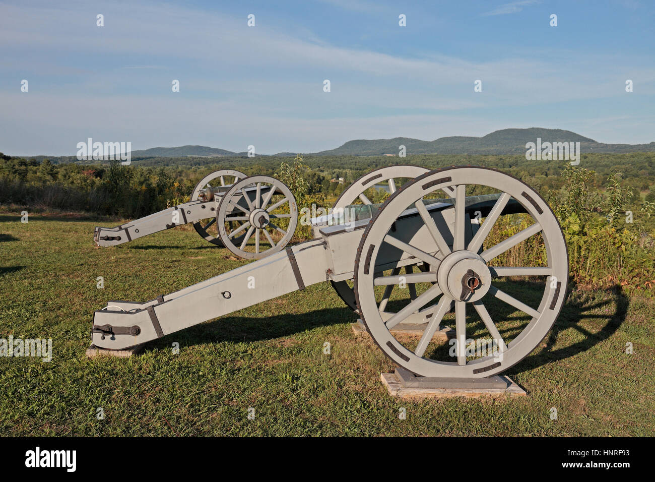 Artillery piece at the Great Redoubt (overlooking the Hudson River), Saratoga National Historical Park, Stillwater, New York, United States. Stock Photo