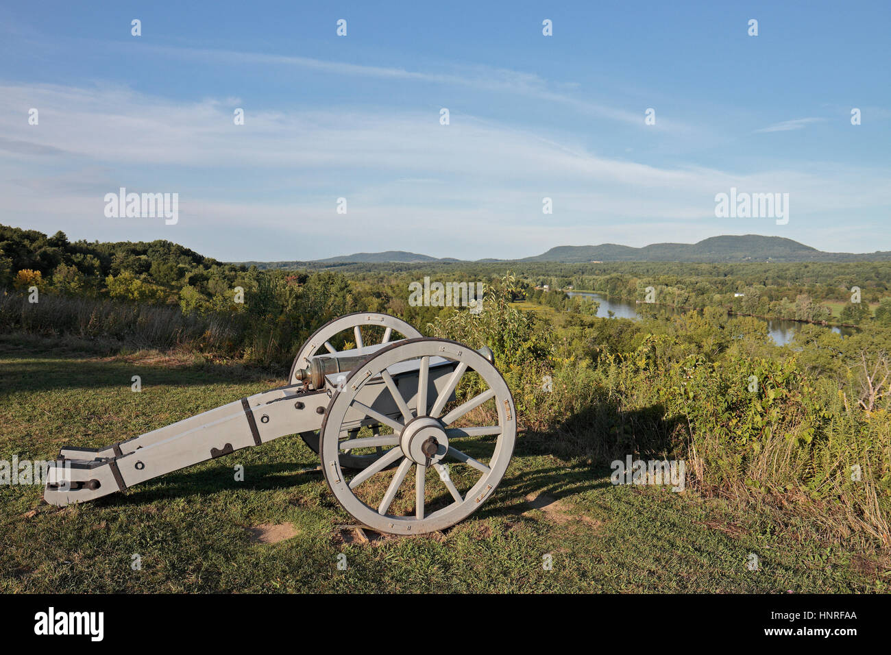 Artillery piece at the Great Redoubt (overlooking the Hudson River), Saratoga National Historical Park, Stillwater, New York, United States. Stock Photo