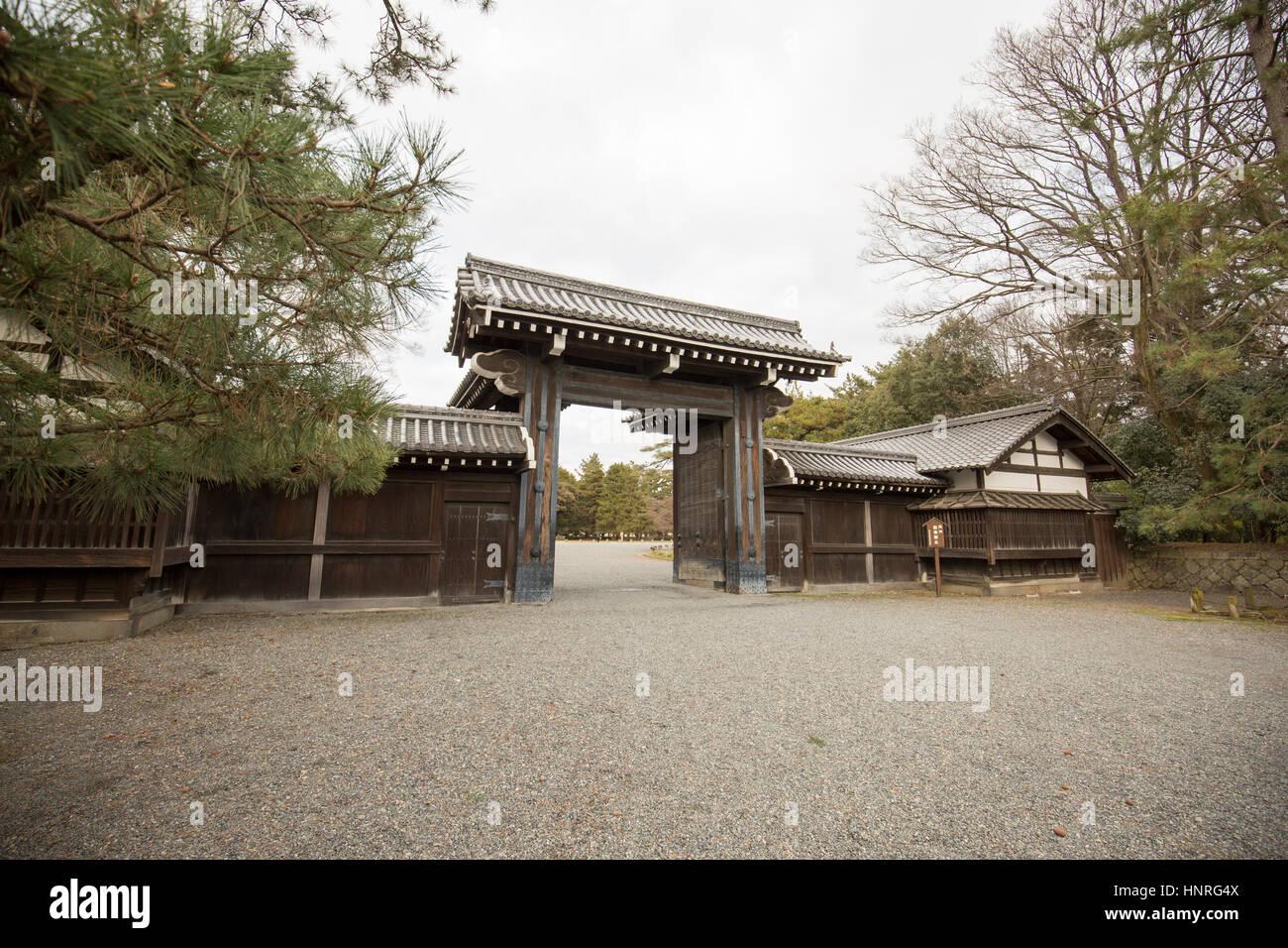 Wooden gate to the Imperial Palace Park .  Kyoto , Japan Stock Photo