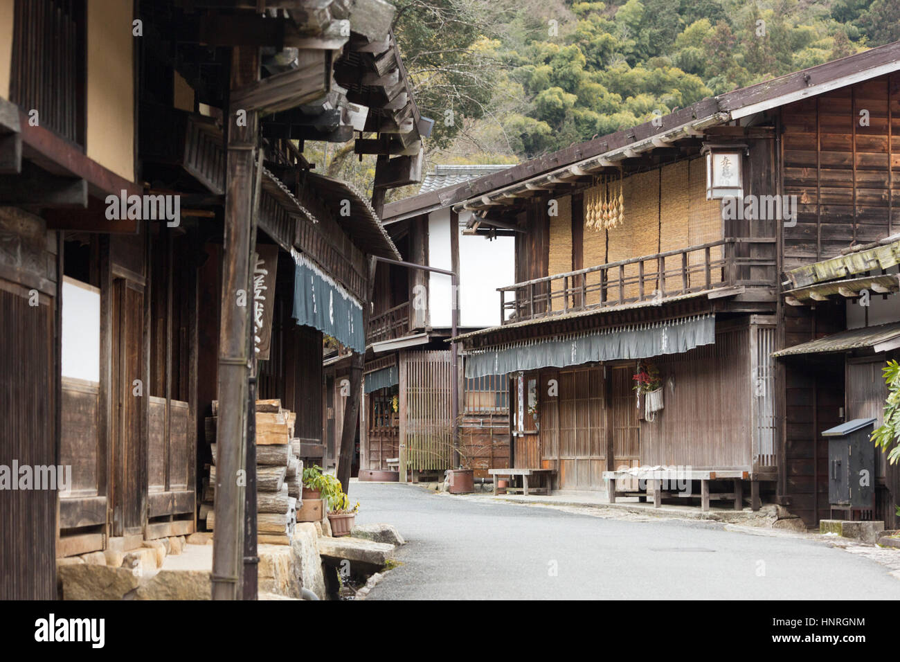 Japan . Tsumago-juku ( Tsumago ) . Street scene in the preserved post town showing traditional Japanese buildings Stock Photo