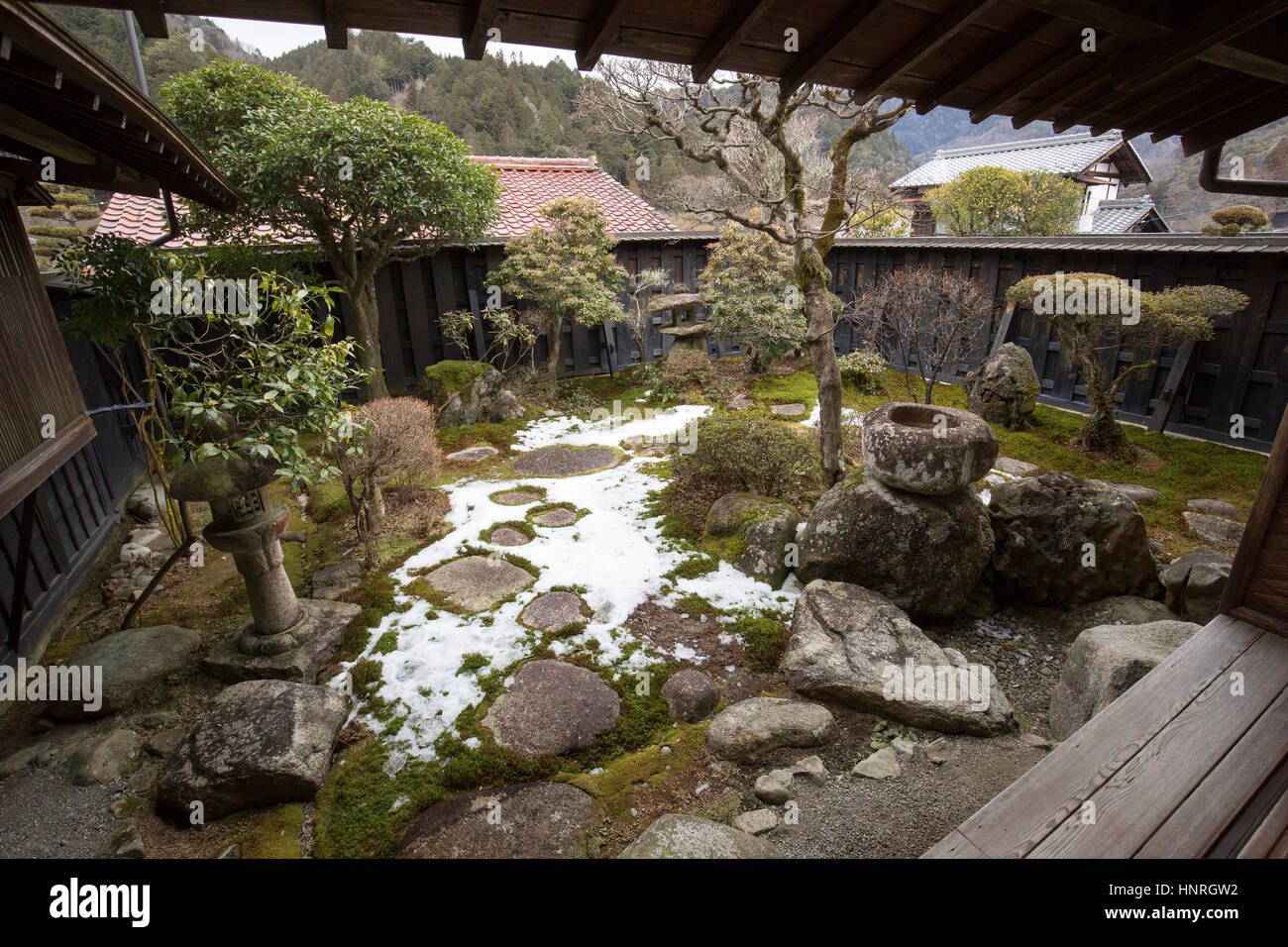 Japan . Tsumago-juku ( Tsumago ) .A garden in a traditional Inn in the town Stock Photo