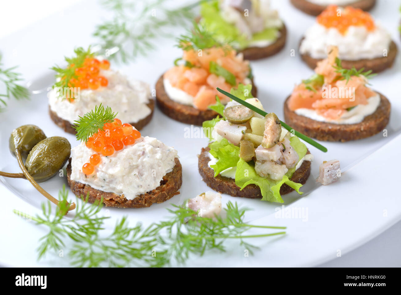 Tasty fish finger food  with smoked salmon tartar, trout mousse with caviar and herring salad on round pumpernickel bread Stock Photo
