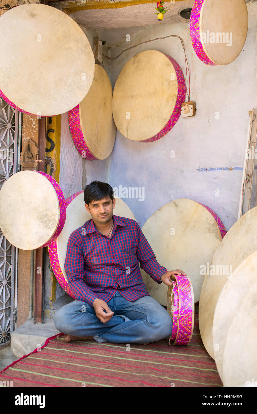 Jaisalmer, India - March 9, 2016: Traditional rajasthani frame drum shop in Jaisalmer, India. Stock Photo