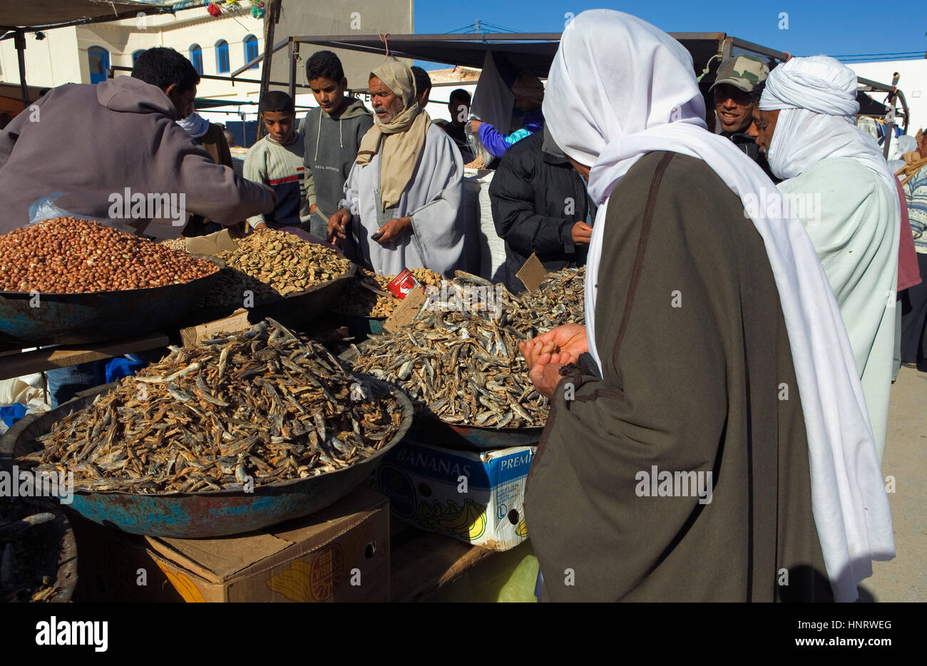 Tunisia.Douz. the large market on Thursdays. Dehydrated fish and peanuts Stock Photo