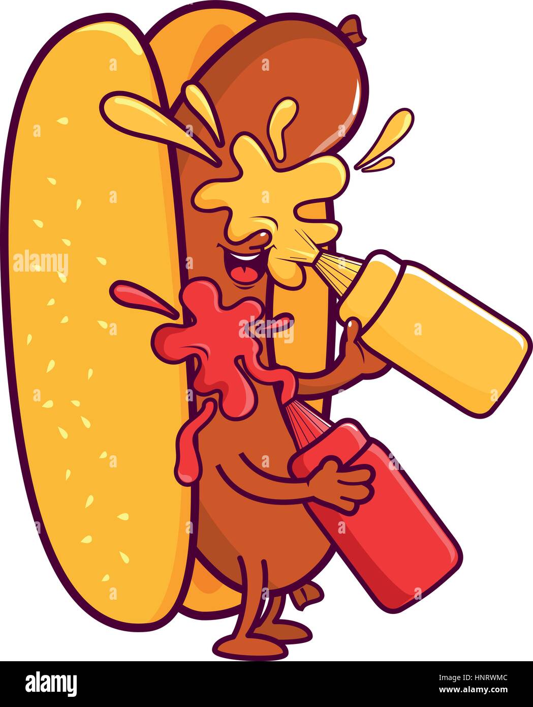 Hot Dog Squirting Ketchup and Mustard Cartoon Character Stock