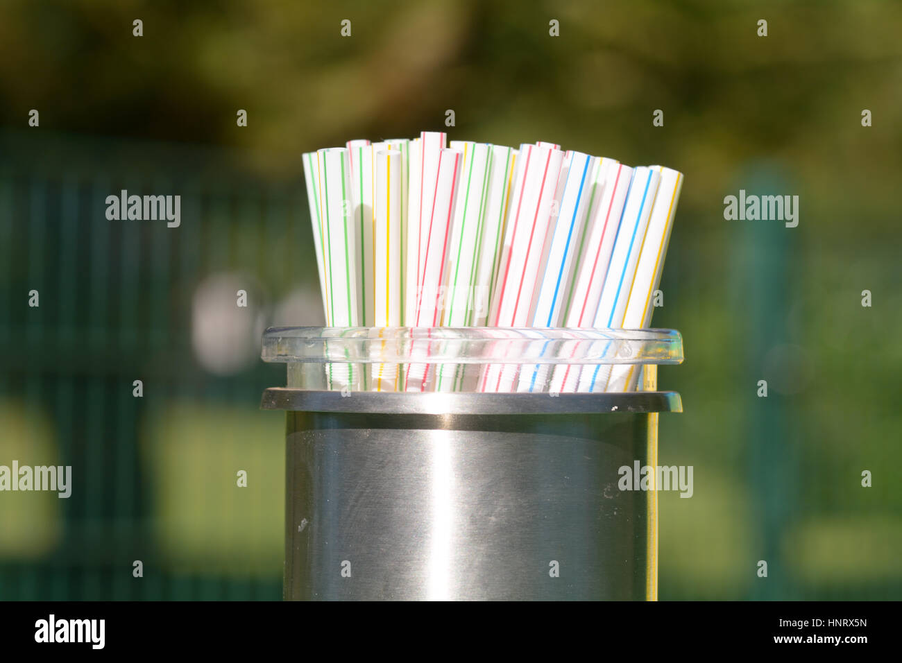 Plastic drinking Straws in container at cafe Stock Photo Alamy
