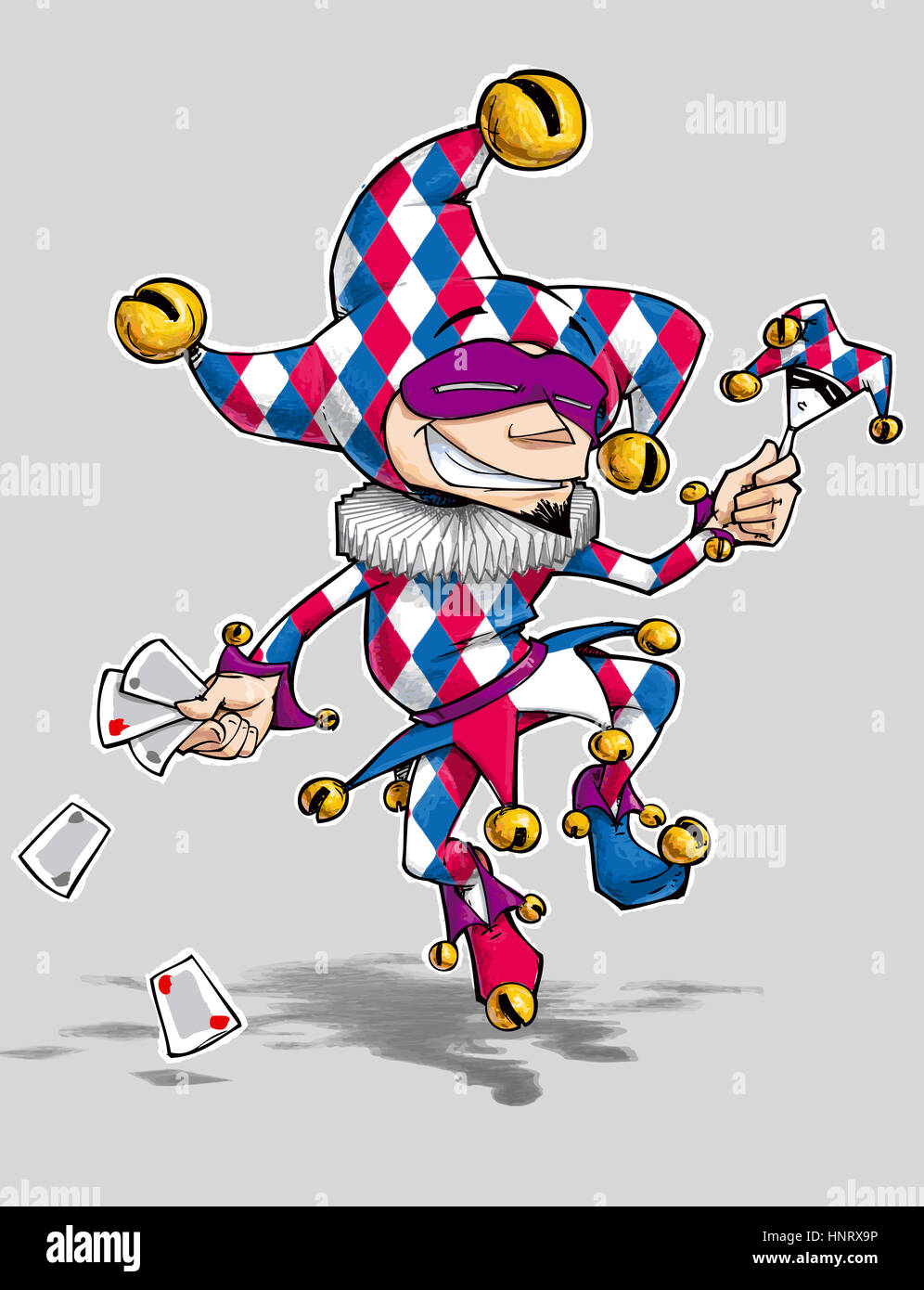 Cartoon illustration of a dancing jester in blue, red and white diamond outfit.  Enjoy!!! Stock Photo