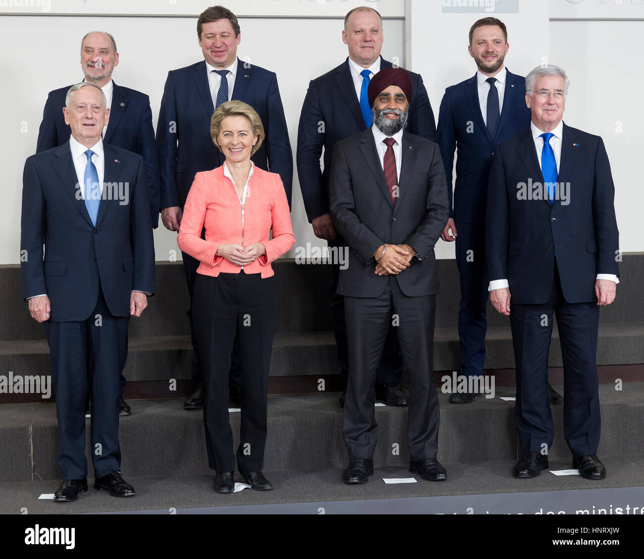 Brussels, Belgium. 15th Feb, 2017. From Left: United States of America Secretary of Defense Jim Mattis, Polish Minister of National Defense Antoni Macierewicz, Lithuanian Minister of National Defense Raimundas Karoblis, German Minister of Defense Ursula Gertrud von der Leyen, Latvian Minister of Defense Raimonds Bergmanis, Canadian Minister of National Defense Harjit Singh Sajjan, Estonian Minister of Defense Margus Tsahkna and the United Kingdom Secretary of State for Defense Sir Michael Fallon are posing during a NATO Defence Ministers meeting in the NATO headquarter. - NO WIRE SER Stock Photo