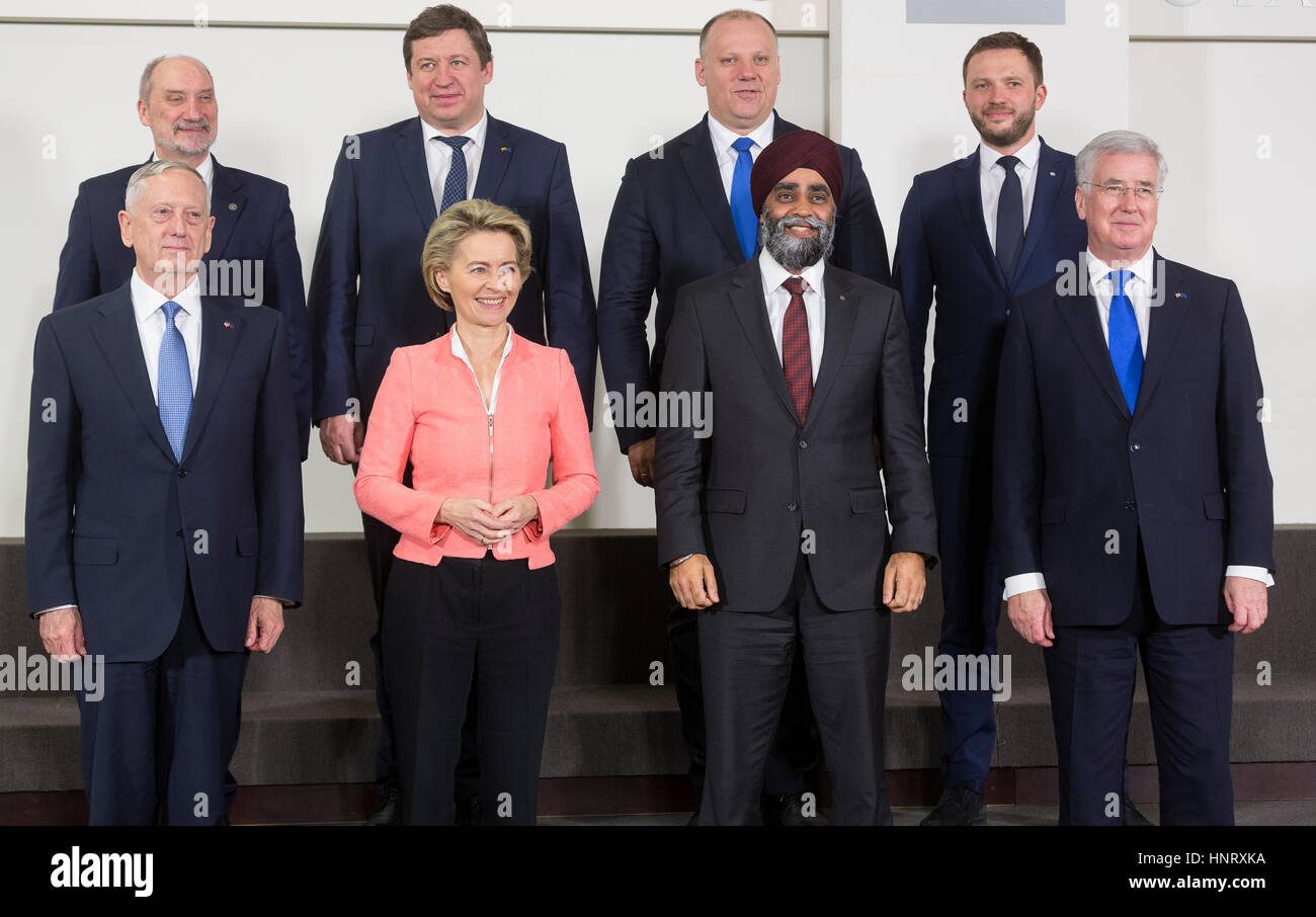 Brussels, Belgium. 15th Feb, 2017. From Left: United States of America Secretary of Defense Jim Mattis, Polish Minister of National Defense Antoni Macierewicz, Lithuanian Minister of National Defense Raimundas Karoblis, German Minister of Defense Ursula Gertrud von der Leyen, Latvian Minister of Defense Raimonds Bergmanis, Canadian Minister of National Defense Harjit Singh Sajjan, Estonian Minister of Defense Margus Tsahkna and the United Kingdom Secretary of State for Defense Sir Michael Fallon are posing during a NATO Defence Ministers meeting in the NATO headquarter. - NO WIRE SER Stock Photo