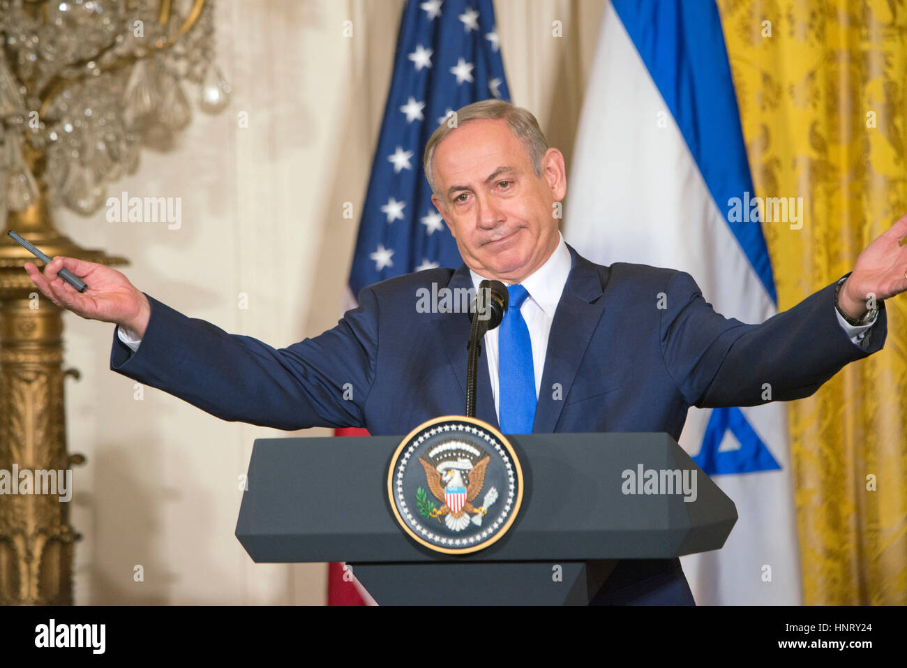 Washington DC, USA. 15th February 2017. Israeli Prime Minister Benjamin Netanyahu and President Donald J Trump hold a joint press conference in the East Room of the White House in Washington DC.  Patsy Lynch/Alamy Live News Stock Photo