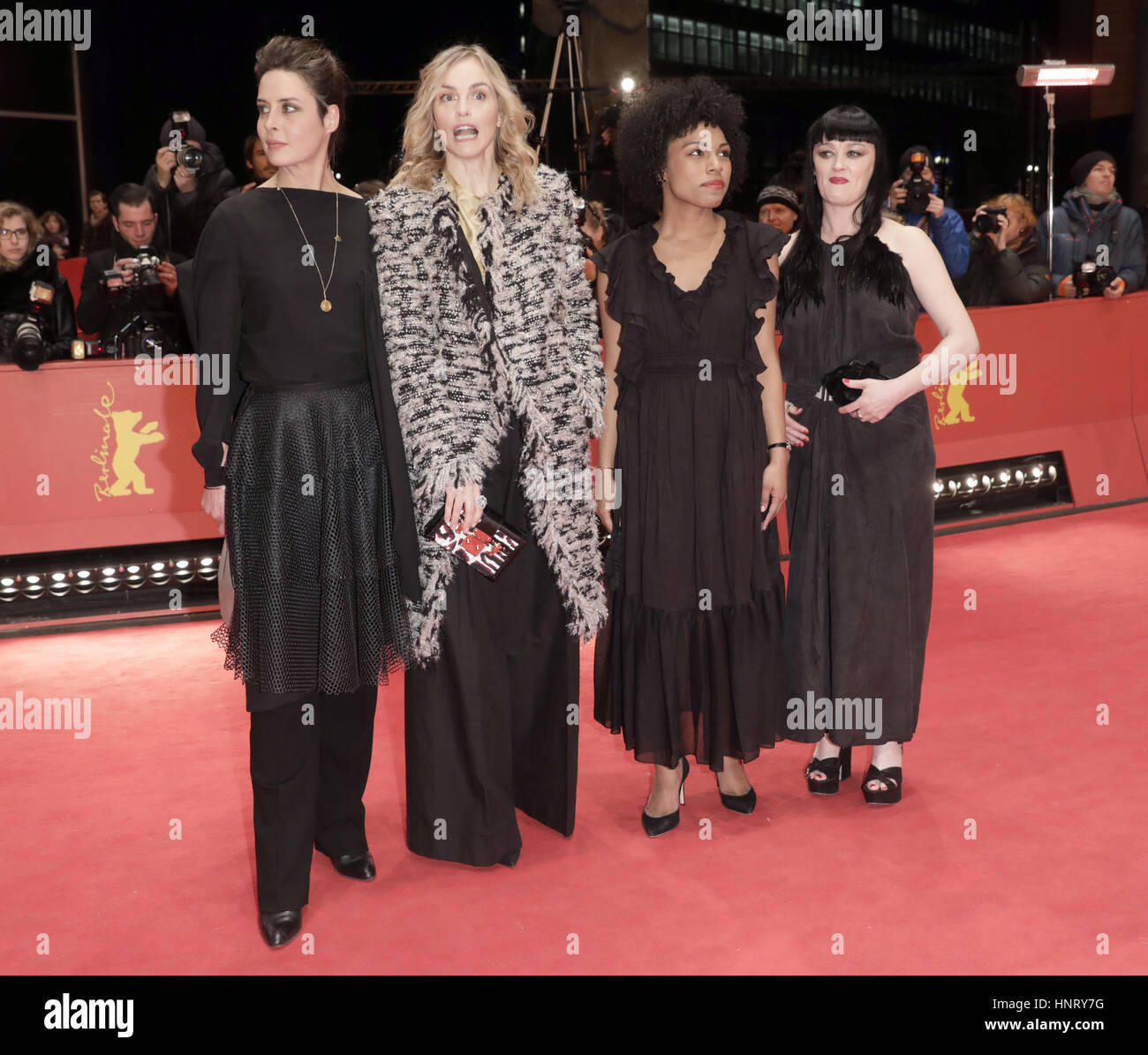 Berlin, Germany. 15th Feb, 2017. Actors Susanne Wolff (l-r), Nina Hoss, Isi Laborde-Edozien and Bronagh Gallagher at the 67th International Berlin Film Festival for the premiere of the nominated German-French-Irish co-production 'Return to Montauk' in Berlin, Germany, 15 February 2017. Photo: Jörg Carstensen/dpa/Alamy Live News Stock Photo