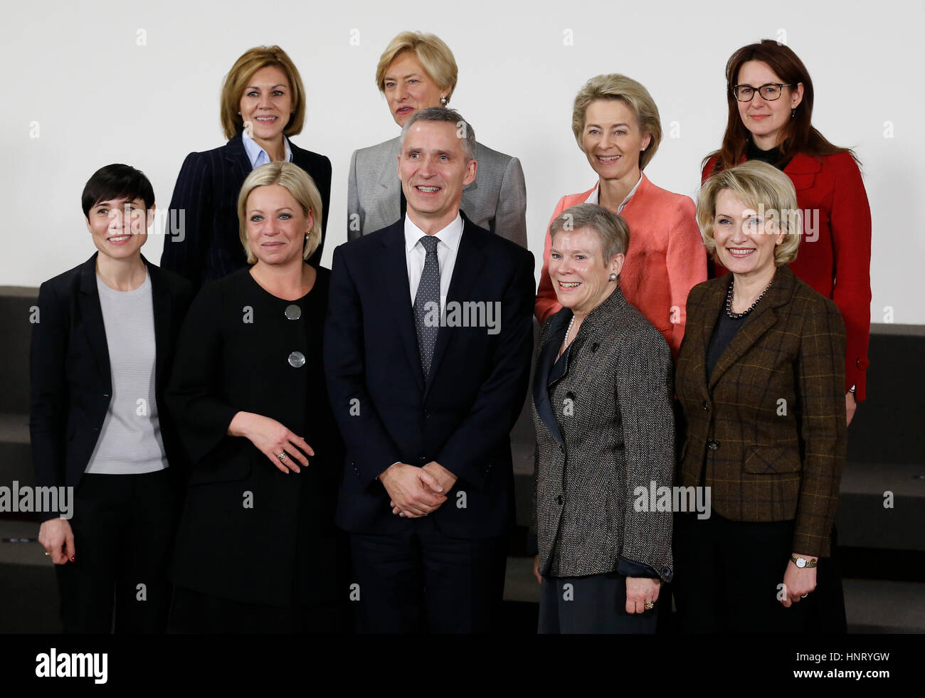(170215) -- BRUSSELS, Feb. 15, 2017 (Xinhua) -- Norwegian Defense Minister Ine Eriksen Soreide, Dutch Defense Minister Jeanine Hennis-Plasschaert, NATO Secretary General Jens Stoltenberg, NATO Deputy Secretary General Rose Gottemoeller and Albanian Defense Minister Mimi Kodheli (L-R, front), Spanish Defense Minister Maria Dolores de Cospedal, Italian Defense Minister Roberta Pinotti, German Defense Minister Ursula von der Leyen and Slovenian Defense Minister Andreja Katic (L-R, rear) pose for a photograph during a NATO Defense Ministers meeting at its headquarters in Brussels, Belgium, on Feb. Stock Photo