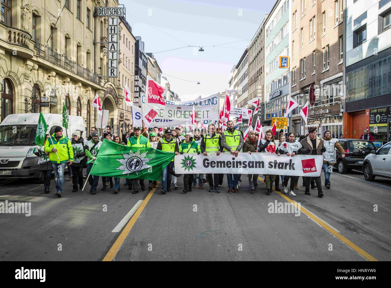 February 14, 2017 - MÃ¼Nchen, Bayern, Germany - The Ver.di and police unions called for a warning strike today in Munich in a series of strikes in Germany. Included in the strike are workers of the TU and LMU universities, Deutsches Museum, courts, hospitals, Bayerische Staatsoper, Bayerisches Schauspiel, and others including highway workers. The demonstration start was at the Gewerkschaftshaus on Schwanthalerstrasse and ended at the famed Geschwister-Scholl-Platz at the LMU university. Police are demanding a raise of 6% and modifications to the training structures. The third round of disc Stock Photo