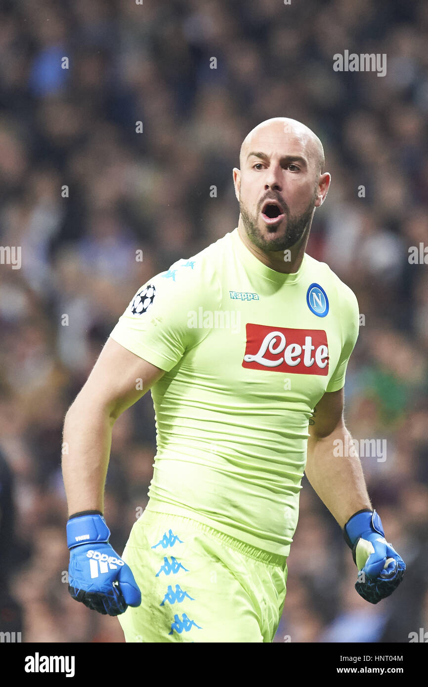 Madrid, Spain. 16th Feb, 2017. Pepe Reina (goalkeeper; SSC Napoli) during the UEFA Champions League, round of 8 match between Real Madrid and SSC Napoli at Santiago Bernabeu on February 15, 2017 in Madrid Credit: Jack Abuin/ZUMA Wire/Alamy Live News Stock Photo
