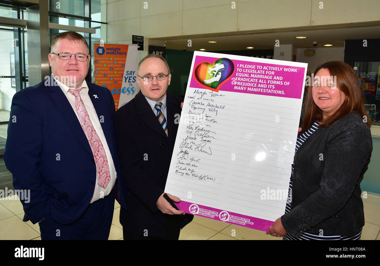 Armagh City, UK. 15th February 2017. West Tyrone Sinn Féin Election Candidates Declan McAleer, Barry McElduff and Michaela Boyle during the Party launch Manifesto in Armagh City ahead of March Elections. Credit: Mark Winter/Alamy Live News Stock Photo