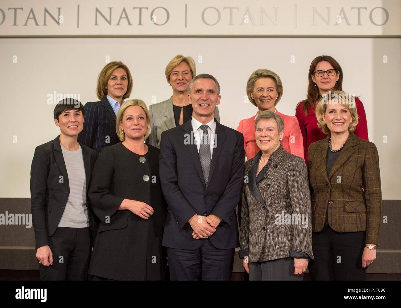 NATO Secretary General Jens Stoltenberg poses for a photo with female ministers of defense at NATO Headquarters February 15, 2017 in Brussels, Belgium. Members from left to right bottom are: Norwegian Minister of Defence Ine Eriksen Soreide, Netherland Minister for Defence Jeanine Hennis-Plasschaert, NATO Secretary general Jens Stoltenberg, Deputy Secretary General Rose Gottemoeller and Albanian Defense Minister Mimi Kodheli. Left to right back row: Spanish Minister of Defence Maria Dolores de Cospedal Garcia, Italy Minister of Defence Roberta Pinotti, German Minister of Defence Ursula Gertrud Stock Photo