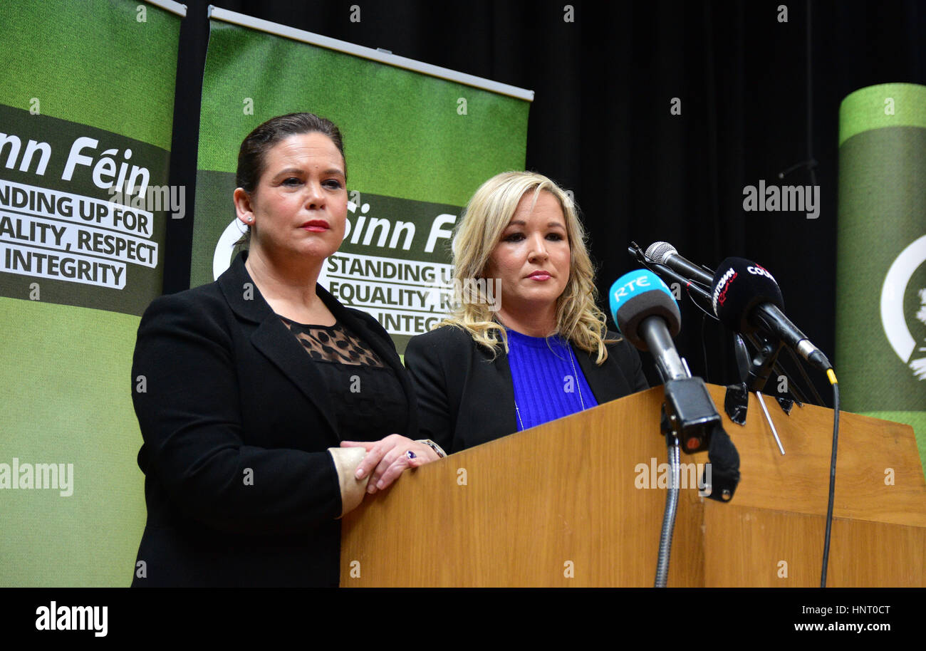 Armagh City, UK. 15th February 2017. Sinn Féin Party Manifesto launch with Irish TD Mary Lou McDonald and Leader Michelle O'Neill in Armagh City. Credit: Mark Winter/Alamy Live News Stock Photo