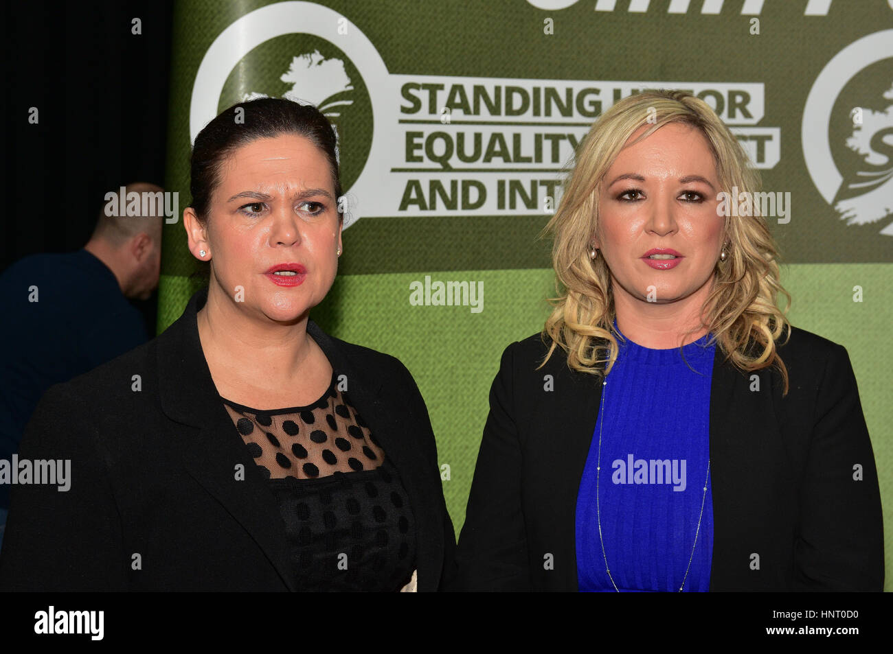 Armagh City, UK. 15th February 2017. Sinn Féin Party Manifesto launch with Irish TD Mary Lou McDonald and Leader Michelle O'Neill in Armagh City. Credit: Mark Winter/Alamy Live News Stock Photo