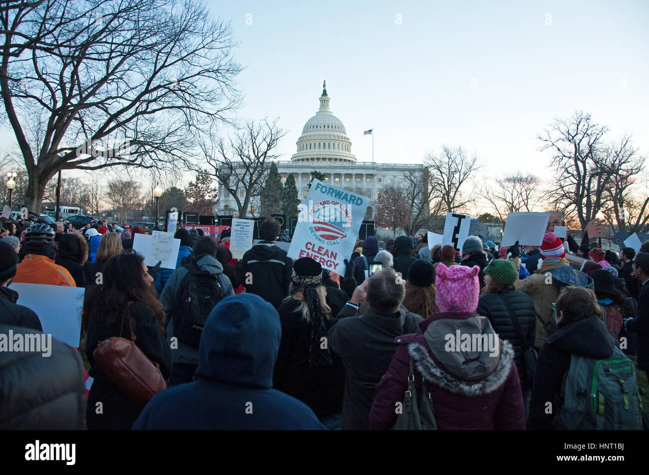 Washington DC, USA. 15th February, 2017. Demonstrators on Capitol Hill protest against the nomination of Scott Pruitt as Administrator of the Environmental Protection Agency. Kirk Treakle/Alamy Live News Stock Photo