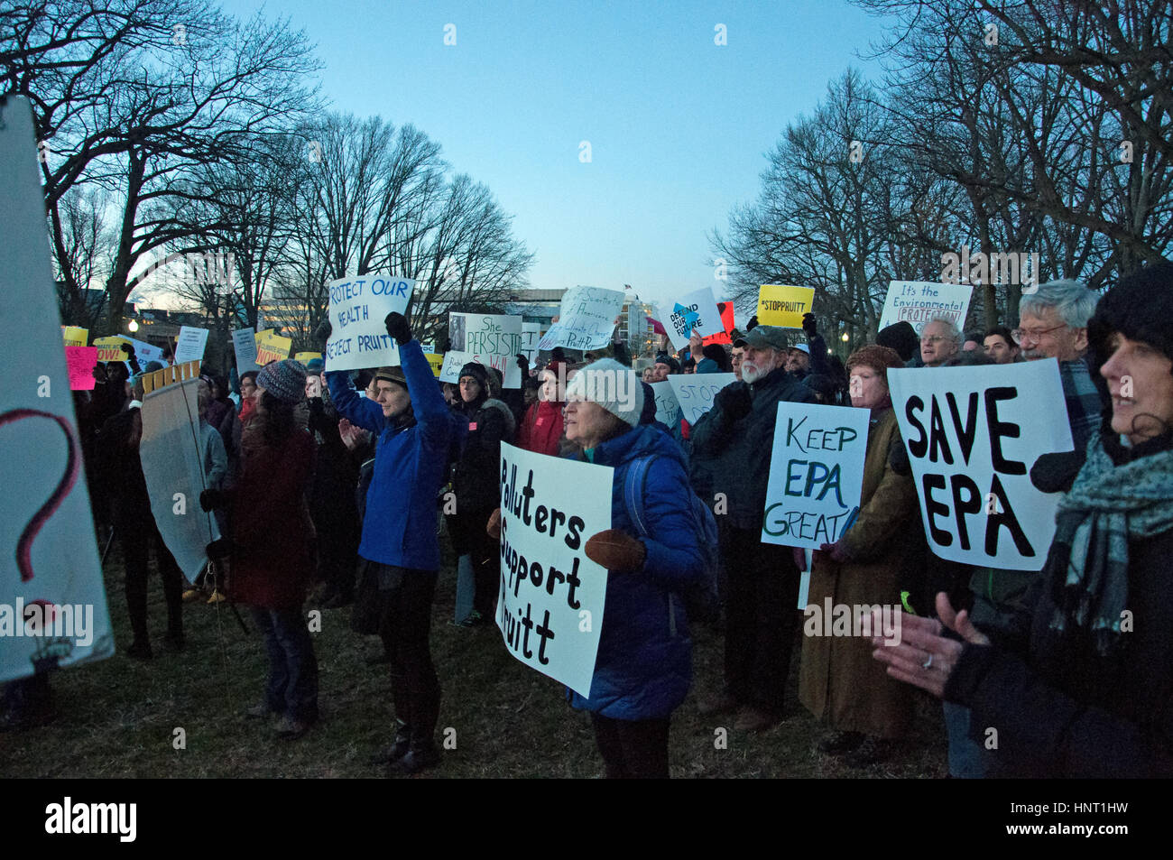 Washington DC, USA. 15th February, 2017. Demonstrators on Capitol Hill protest against the nomination of Scott Pruitt as Administrator of the Environmental Protection Agency. Kirk Treakle/Alamy Live News Stock Photo