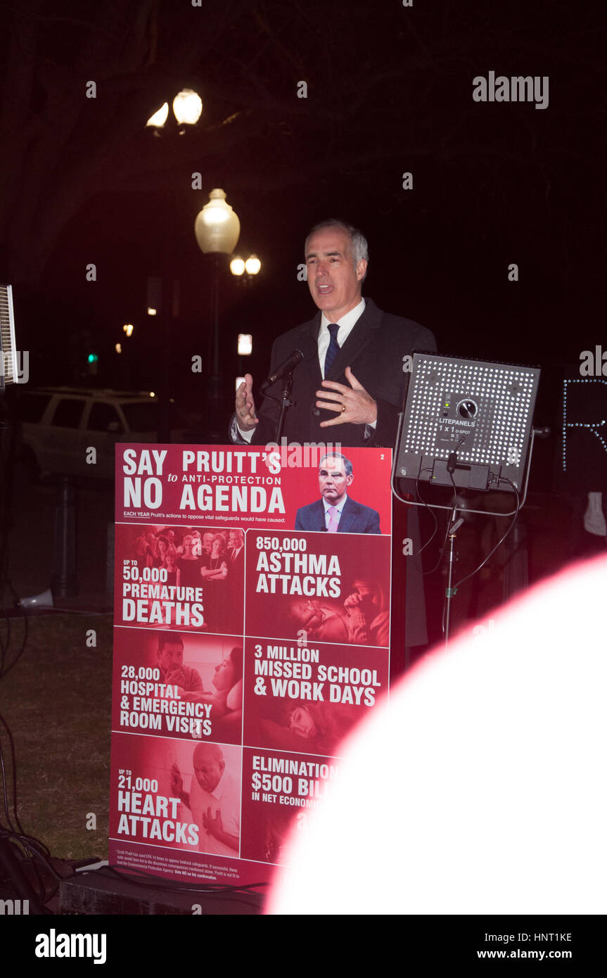 Washington DC, USA. 15th February, 2017. Democratic Senator Bob Casey Jr. from Pennsylvania addresses crowd on Capitol Hill protesting against the nomination of Scott Pruitt as Administrator of the Environmental Protection Agency. Kirk Treakle/Alamy Live News Stock Photo
