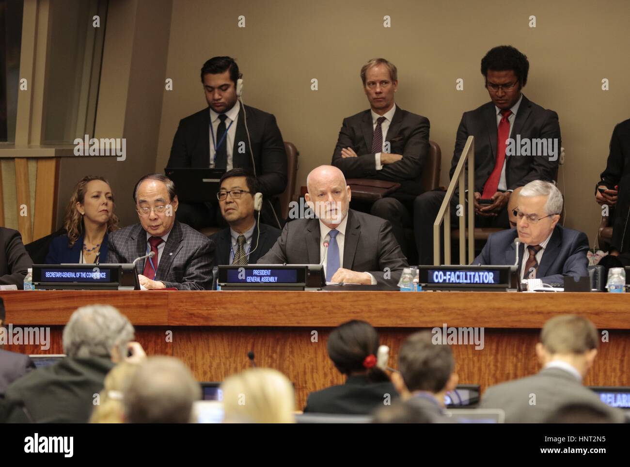 United Nations, New York, USA, 15 February 2017 - Peter Thomson President of the General Assembly along with Isabella Lovin, Semi Koroilavesau and UN Dignitaries Participated on the Parliamentary Hearing entitled “A World of Blue: Preserving the Oceans, Safeguarding the Planet, Ensuring Human Well-being in the Context of the 2030 Agenda' today at the UN Headquarters in New York. Photo: Luiz Rampelotto/EuropaNewswire | usage worldwide Stock Photo