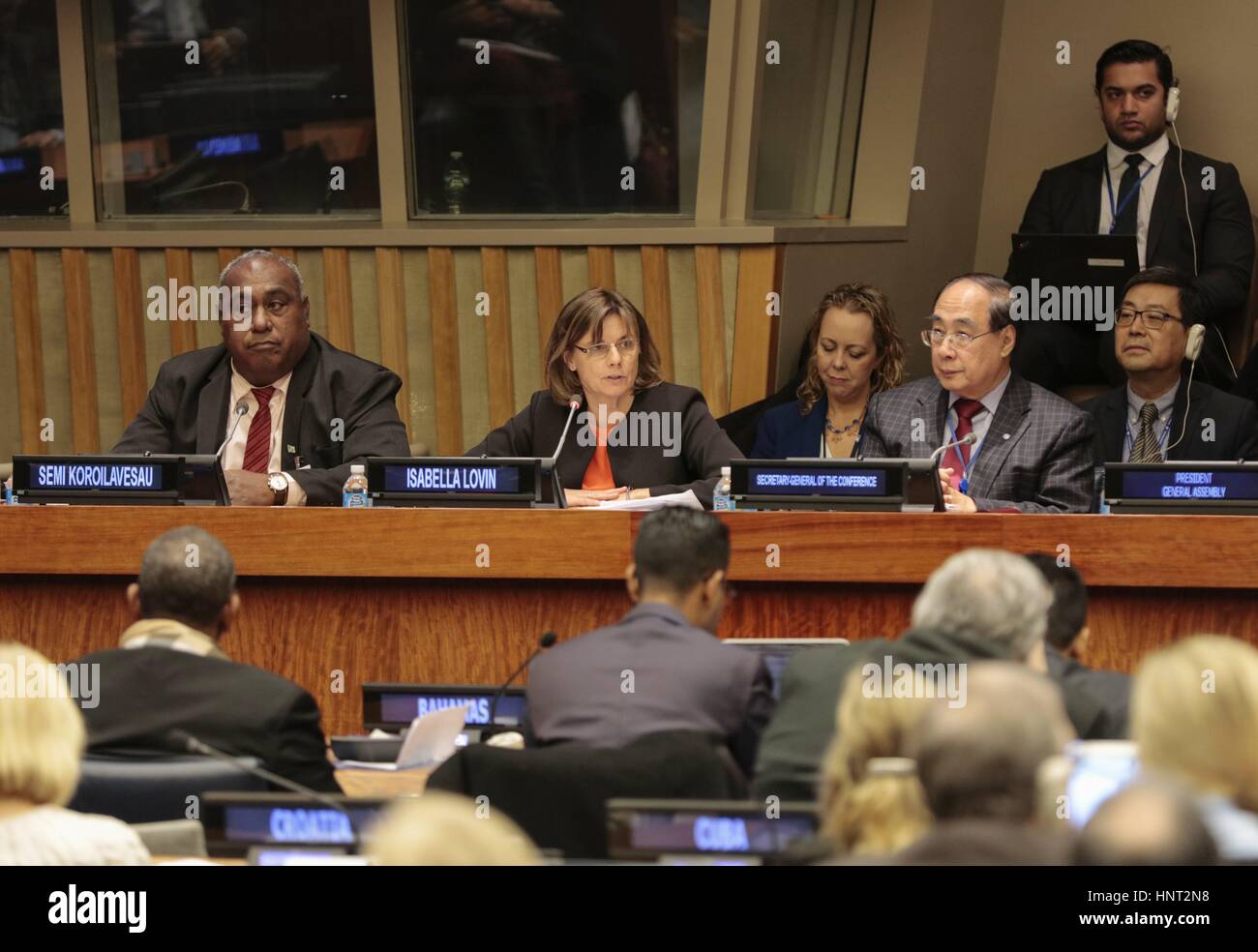 United Nations, New York, USA, 15 February 2017 - Peter Thomson President of the General Assembly along with Isabella Lovin, Semi Koroilavesau and UN Dignitaries Participated on the Parliamentary Hearing entitled “A World of Blue: Preserving the Oceans, Safeguarding the Planet, Ensuring Human Well-being in the Context of the 2030 Agenda' today at the UN Headquarters in New York. Photo: Luiz Rampelotto/EuropaNewswire | usage worldwide Stock Photo