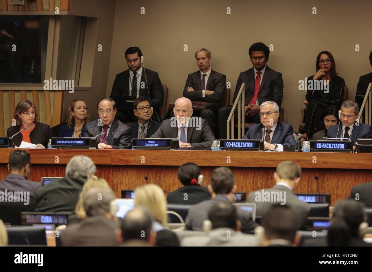 United Nations, New York, USA, 15 February 2017 - Peter Thomson President of the General Assembly along with Isabella Lovin, Semi Koroilavesau and UN Dignitaries Participated on the Parliamentary Hearing entitled “A World of Blue: Preserving the Oceans, Safeguarding the Planet, Ensuring Human Well-being in the Context of the 2030 Agenda' today at the UN Headquarters in New York. Photo: Luiz Rampelotto/EuropaNewswire | usage worldwide Stock Photo