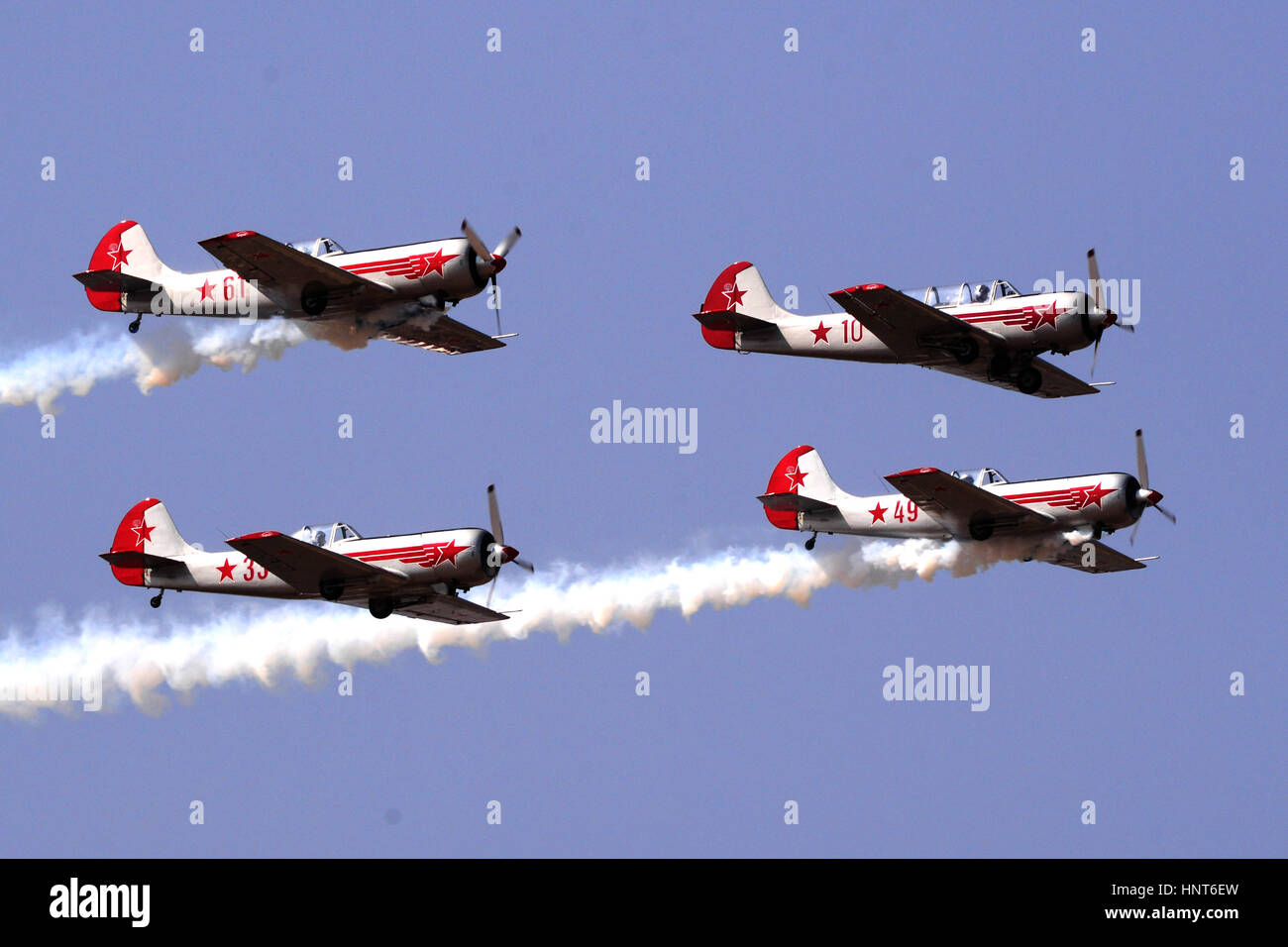 Bangalore, India. 16th Feb, 2017. An UK based aerobatic team perform aerobatic manoeuvers on the third day of Aero India 2017 at Yelahanka air base in Bangalore, India, Feb. 16, 2017. The Aero India 2017 kicked off in Bangalore Tuesday. Credit: Stringer/Xinhua/Alamy Live News Stock Photo