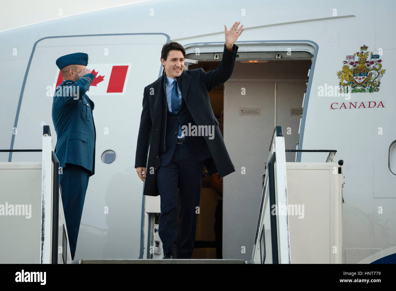Berlin, Germany. 16th Feb, 2017. Canada's Prime Minister Justin Trudeau arrives at the military part of Tegel airport for a three-day state visit in Berlin, Germany, 16 February 2017. Photo: Gregor Fischer/dpa/Alamy Live News Stock Photo