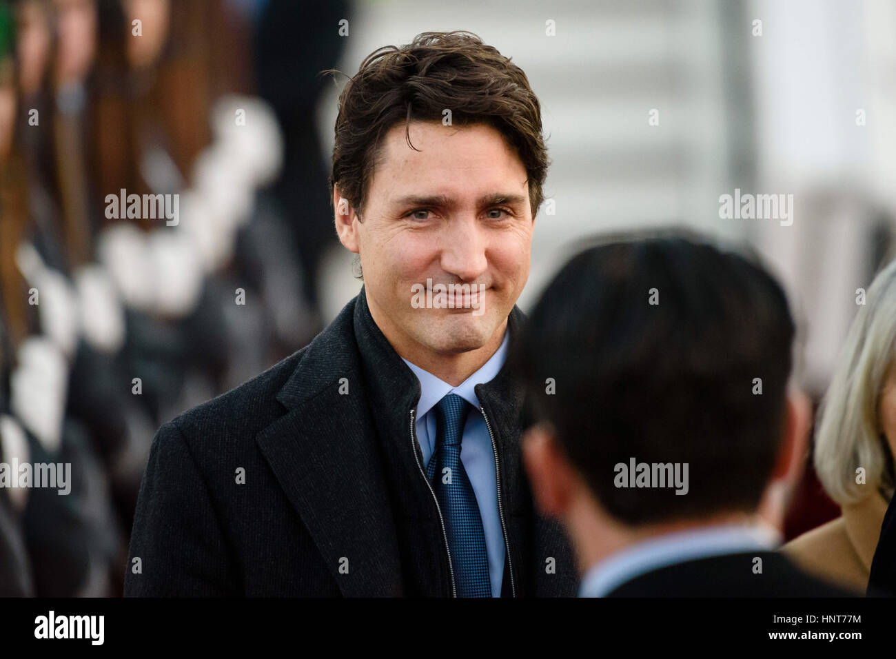 Berlin, Germany. 16th Feb, 2017. Canada's Prime Minister Justin Trudeau arrives at the military part of Tegel airport for a three-day state visit in Berlin, Germany, 16 February 2017. Photo: Gregor Fischer/dpa/Alamy Live News Stock Photo