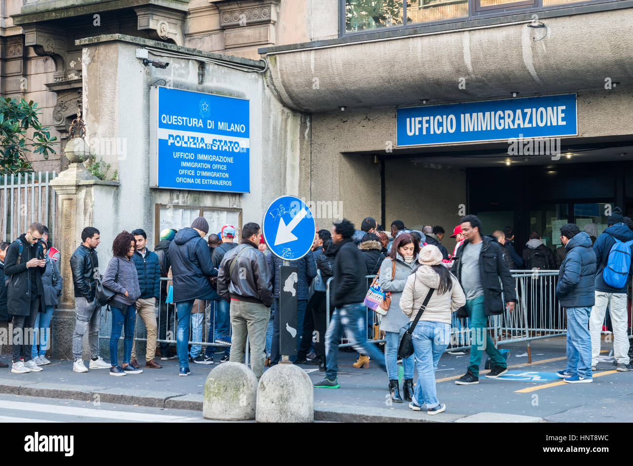 Milan, Italy. 17th Feb, 2017. A queue for the Immigration Office in Milan, Italy. Italy is facing a refugee crisis due to ongoing wars in North Africa and the Middle East Credit: Alexandre Rotenberg/Alamy Live News Stock Photo
