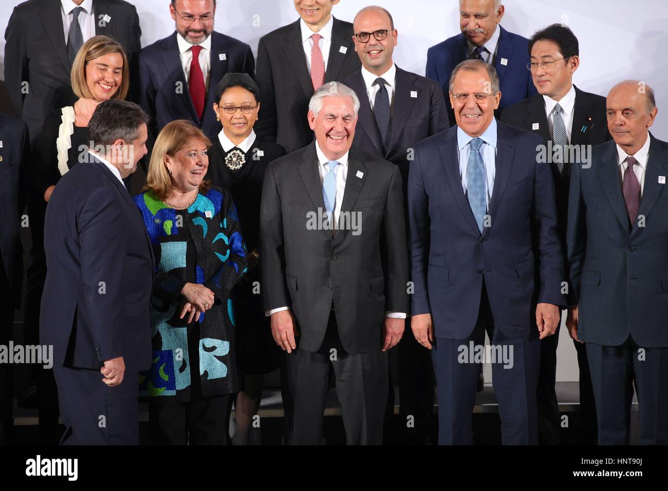 Bonn, Germany. 16th Feb, 2017. U.S. Secretary of State Rex Tillerson joins his counterparts for a family photo at the G-20 Foreign Ministers meeting February 16, 2017 in Bonn, Germany. The trip to Bonn is the first for Tillerson as Secretary of State.Credit: Planetpix/Alamy Live News Stock Photo
