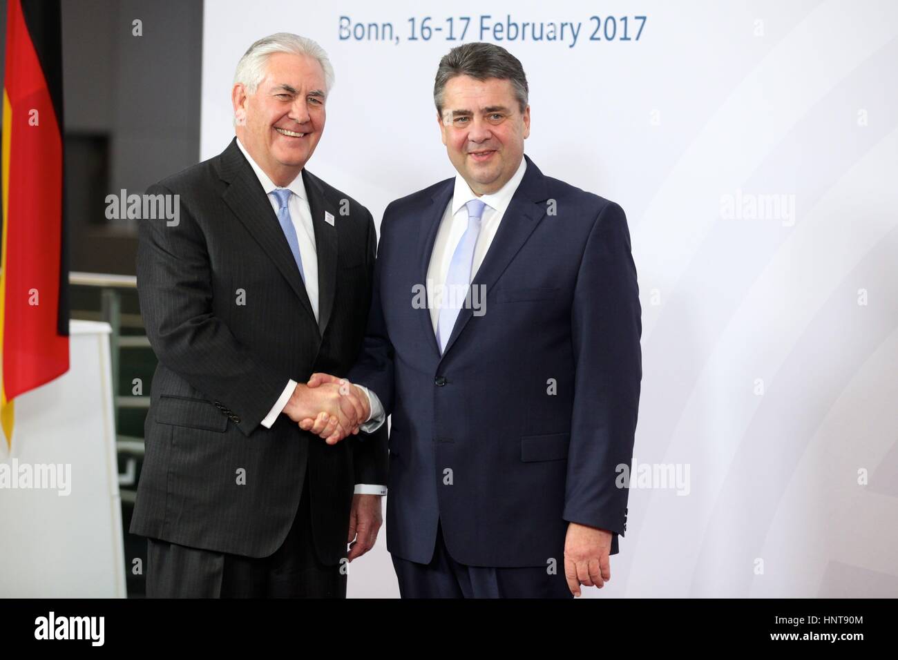 Bonn, Germany. 16th Feb, 2017. U.S. Secretary of State Rex Tillerson is welcomed by German Foreign Minister Sigmar Gabriel at the G-20 Foreign Ministers meeting February 16, 2017 in Bonn, Germany. The trip to Bonn is the first for Tillerson as Secretary of State.Credit: Planetpix/Alamy Live News Stock Photo